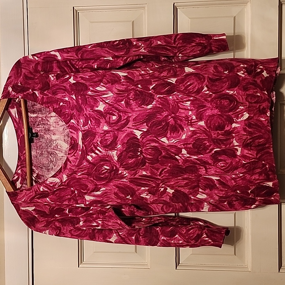 TALBOTS Red Sweater PULLOVER Burgandy Silk & Cotton Round Neck Floral Print 1X